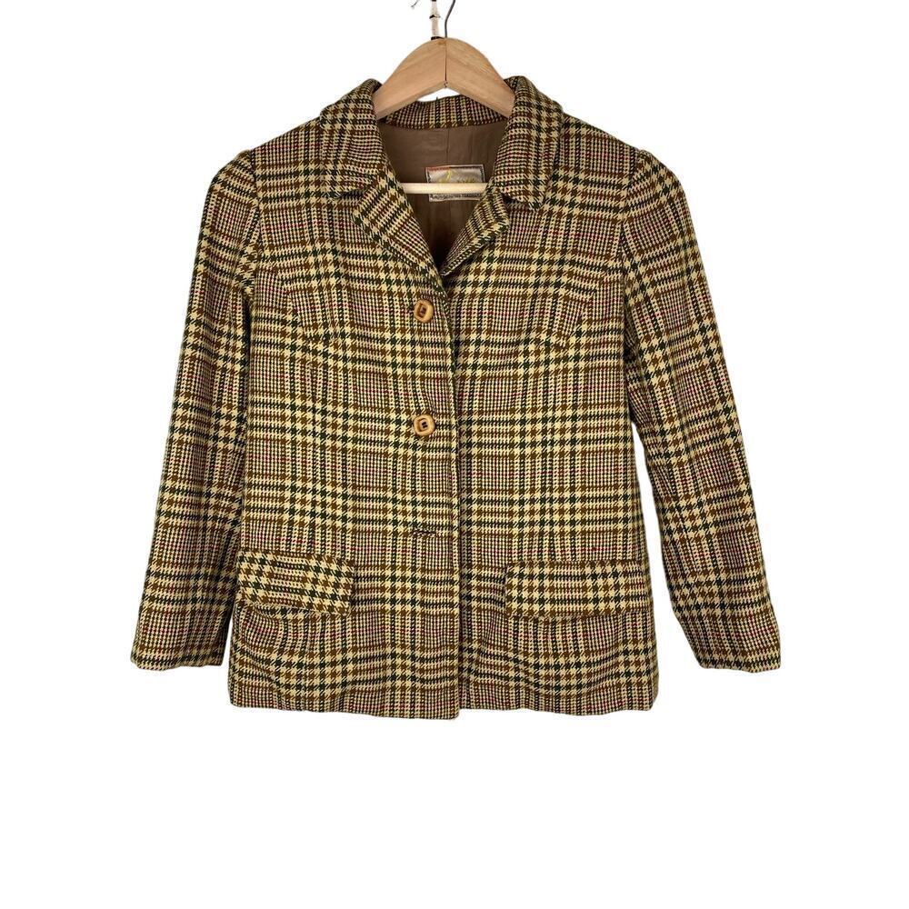 Vintage Vogue Yokohama Women's Size‎ 2 Tan Plaid Wooden Button Blazer *